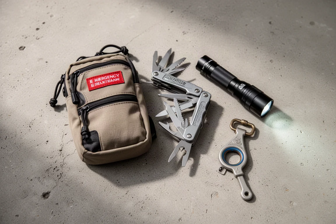 Kit d'emergenza compatto disposto su un tavolo