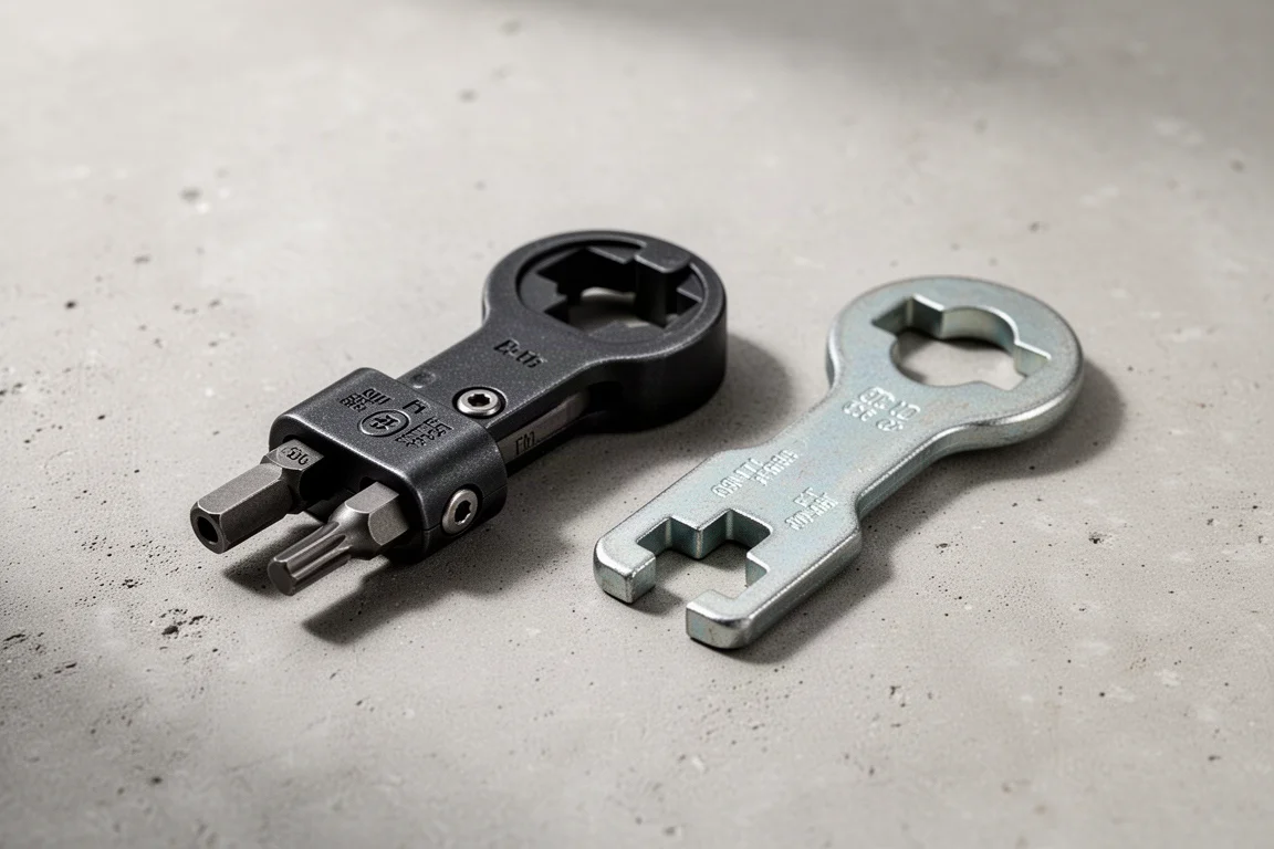 Two multi-functional sillcock key tools side by side on a concrete surface