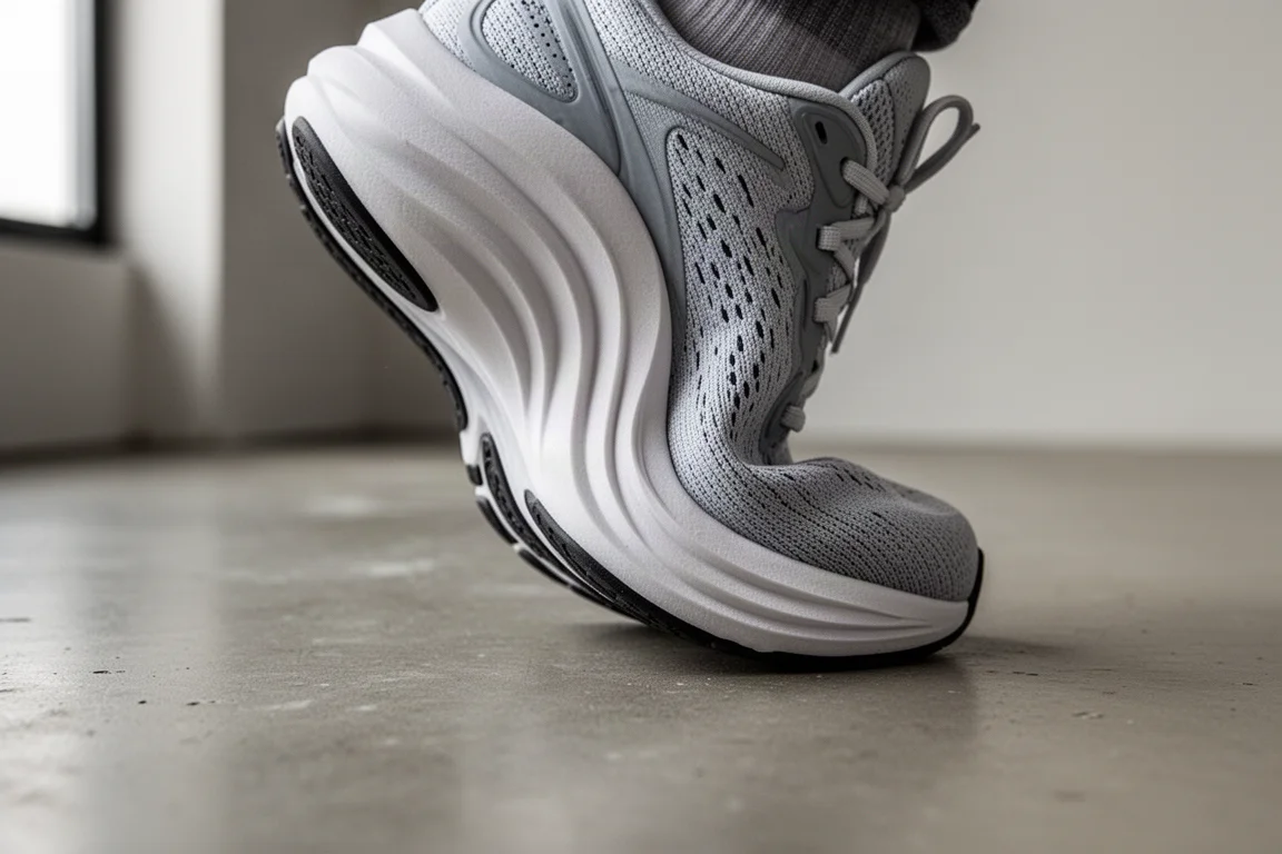 Primer plano de la mediasuela de una zapatilla de running flexionando en el antepié