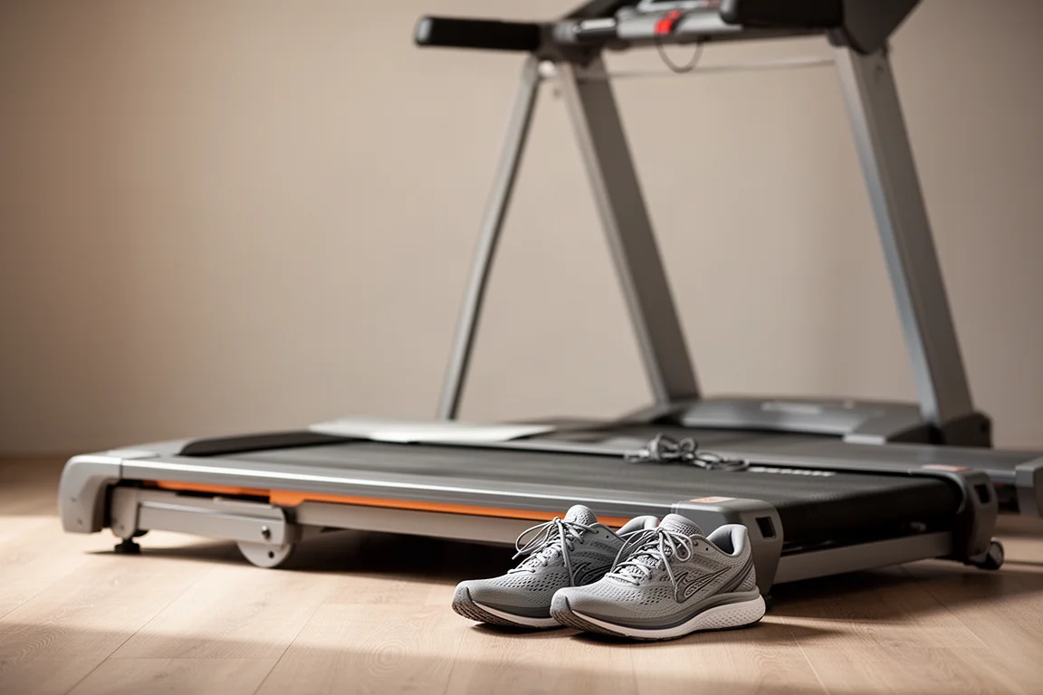 Cinta de correr en un gimnasio en casa con zapatillas de running apoyadas al lado