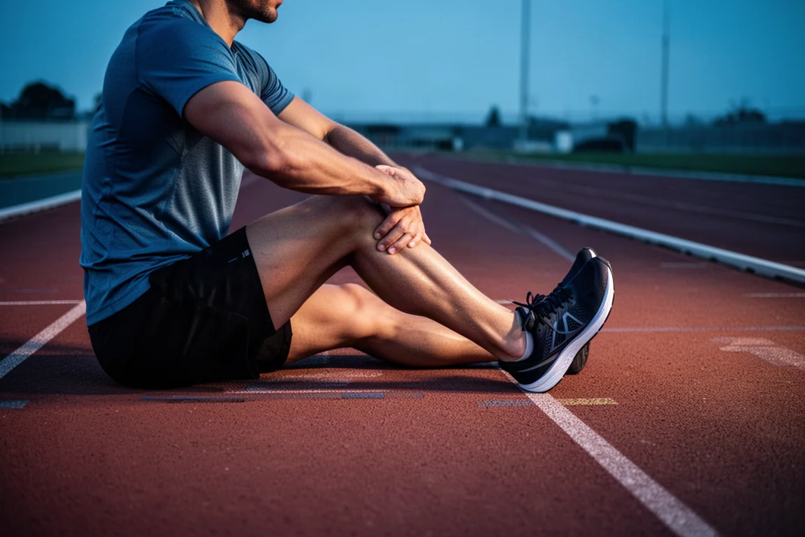 Corredor estirándose junto a una pista de atletismo al atardecer