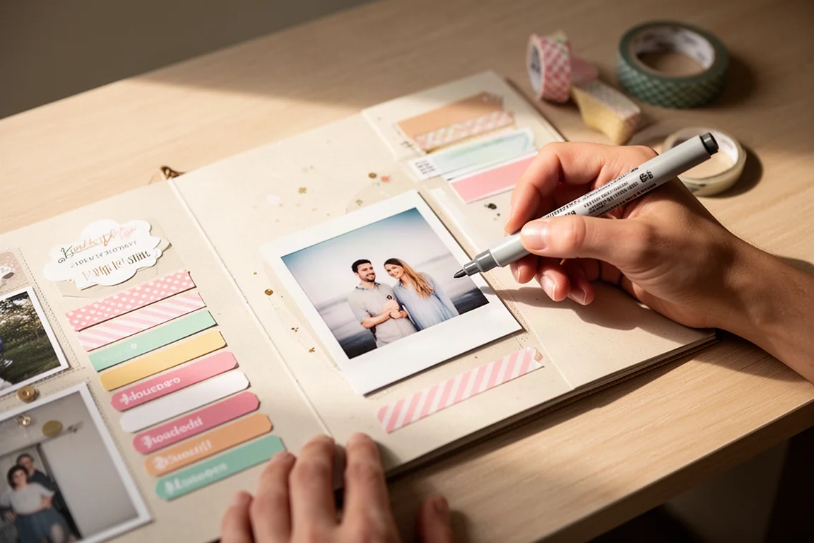Dubbelzijdige marker kleurt een instantfoto bij in een scrapbook