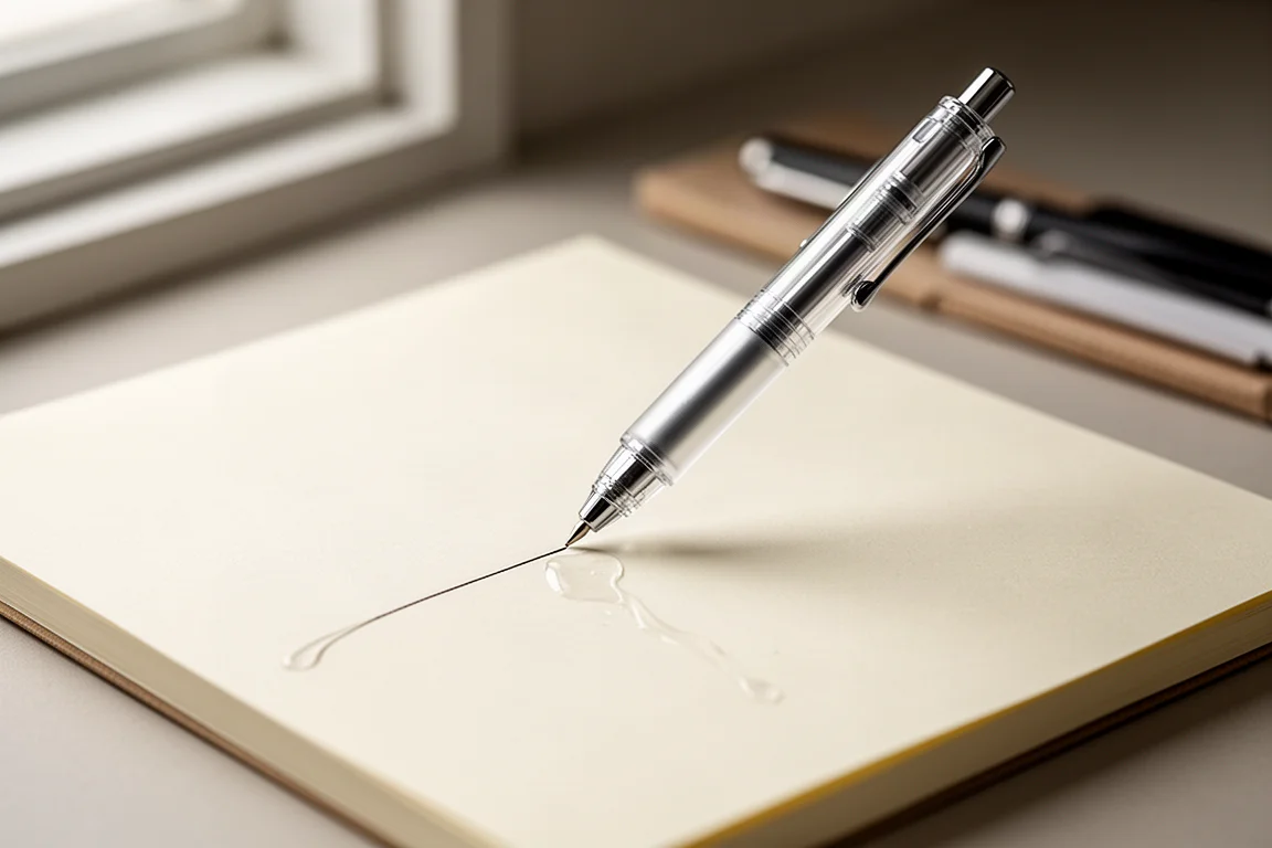 Gelpen schrijft vloeiend over een notitieblokblad terwijl de verse inkt opdroogt