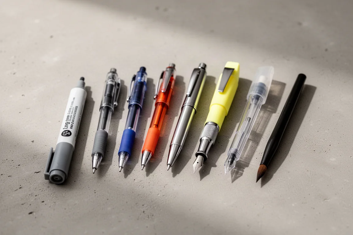 Nine assorted pens, markers, and highlighters arranged in a row on a concrete surface