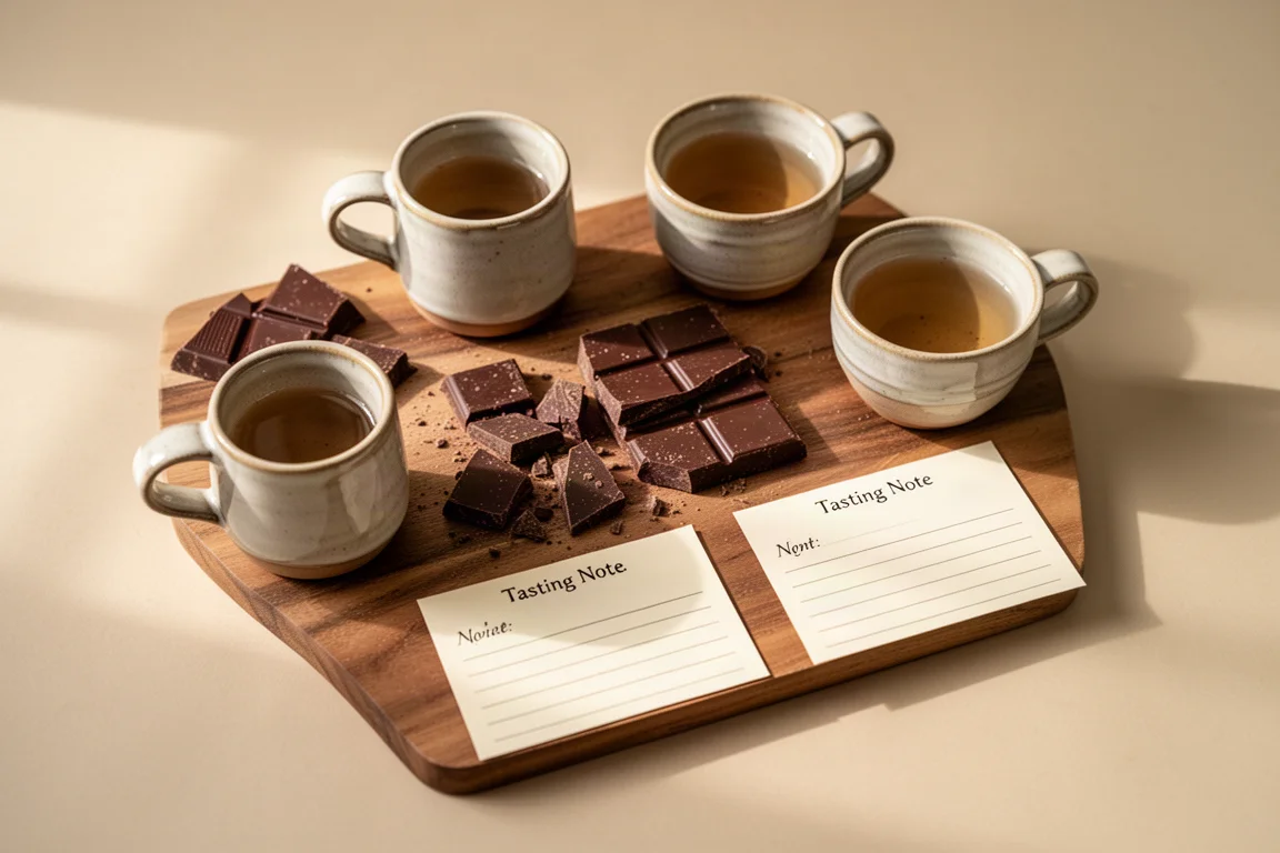 Dark chocolate squares broken open on a tasting board with sips of warm water