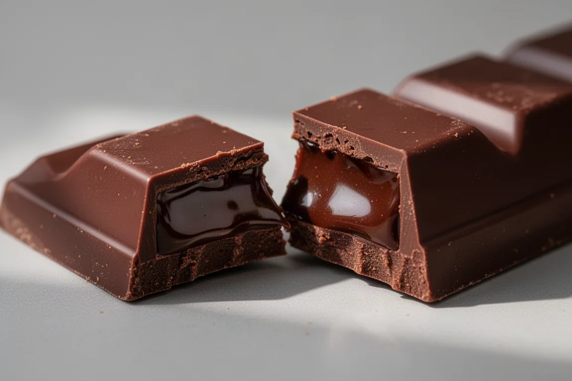 Hand snapping a dark chocolate bar to show its clean texture