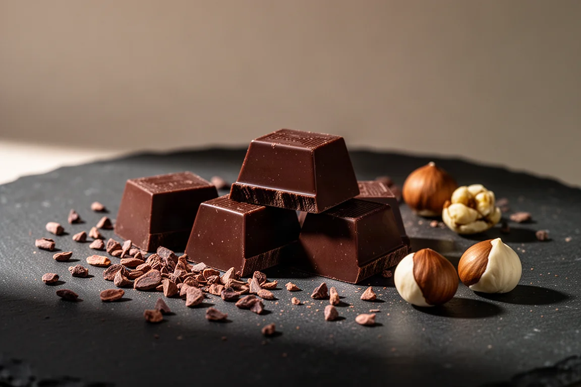 Dark chocolate pieces arranged on slate with cocoa nibs scattered nearby
