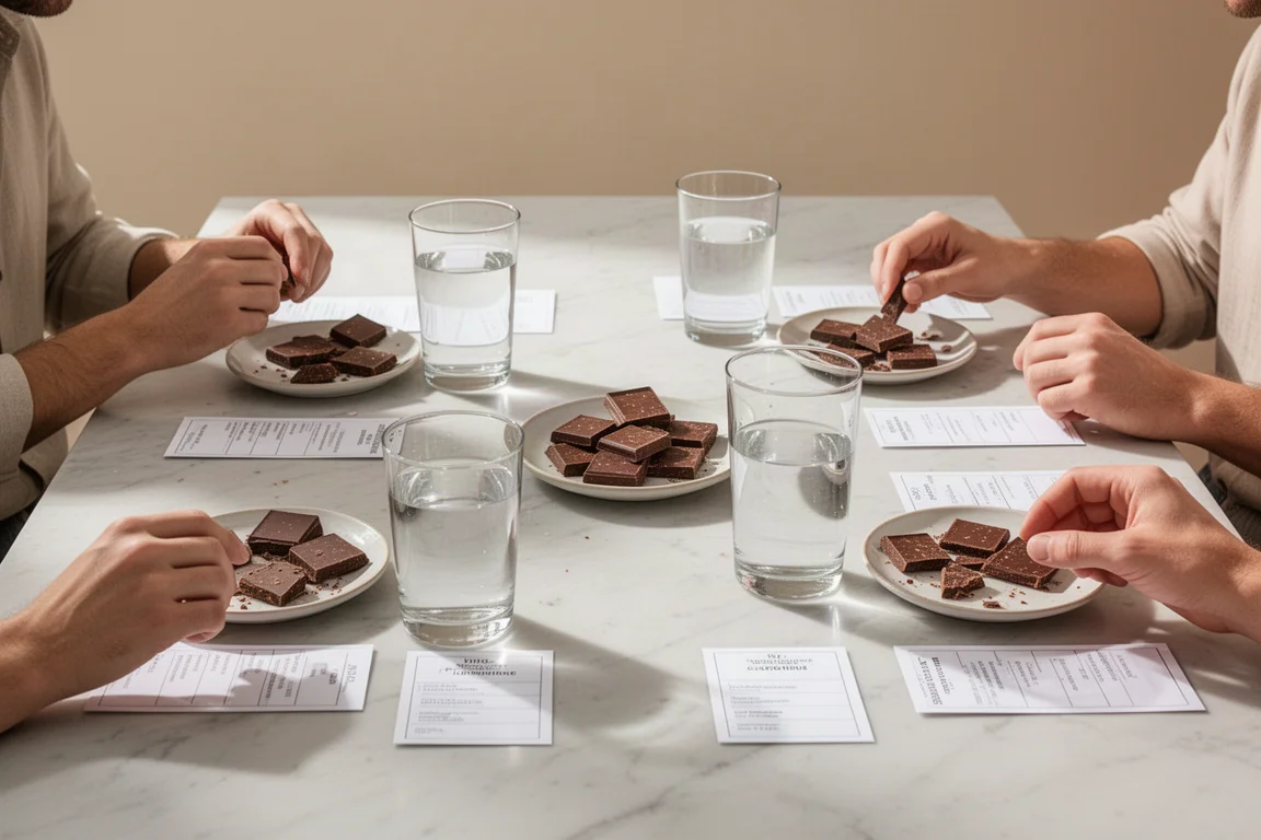 Chocolate tasting scene with pieces and glasses of water on a bright table