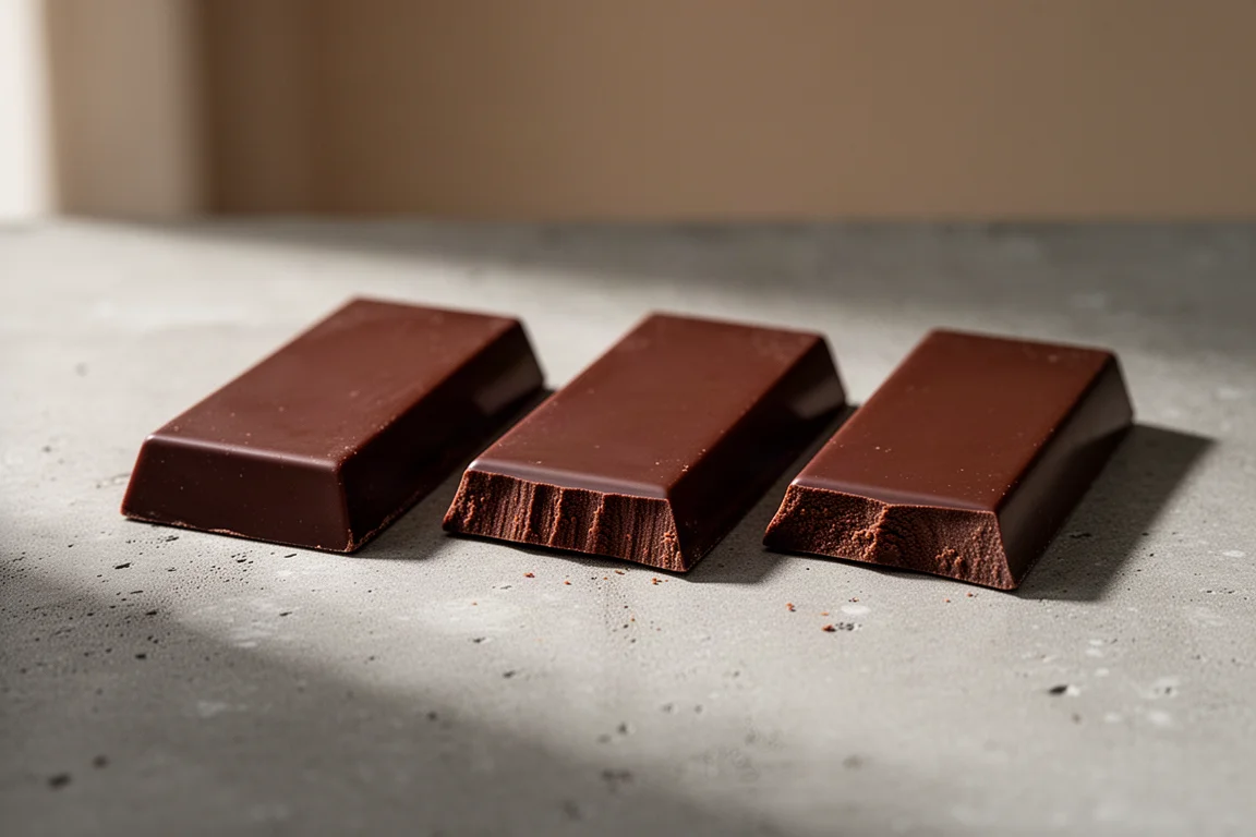 Three dark chocolate bars broken open on a matte concrete surface