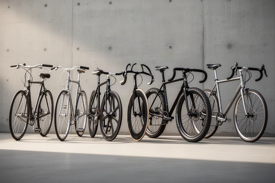 Five single speed bicycles lined up against a neutral concrete wall