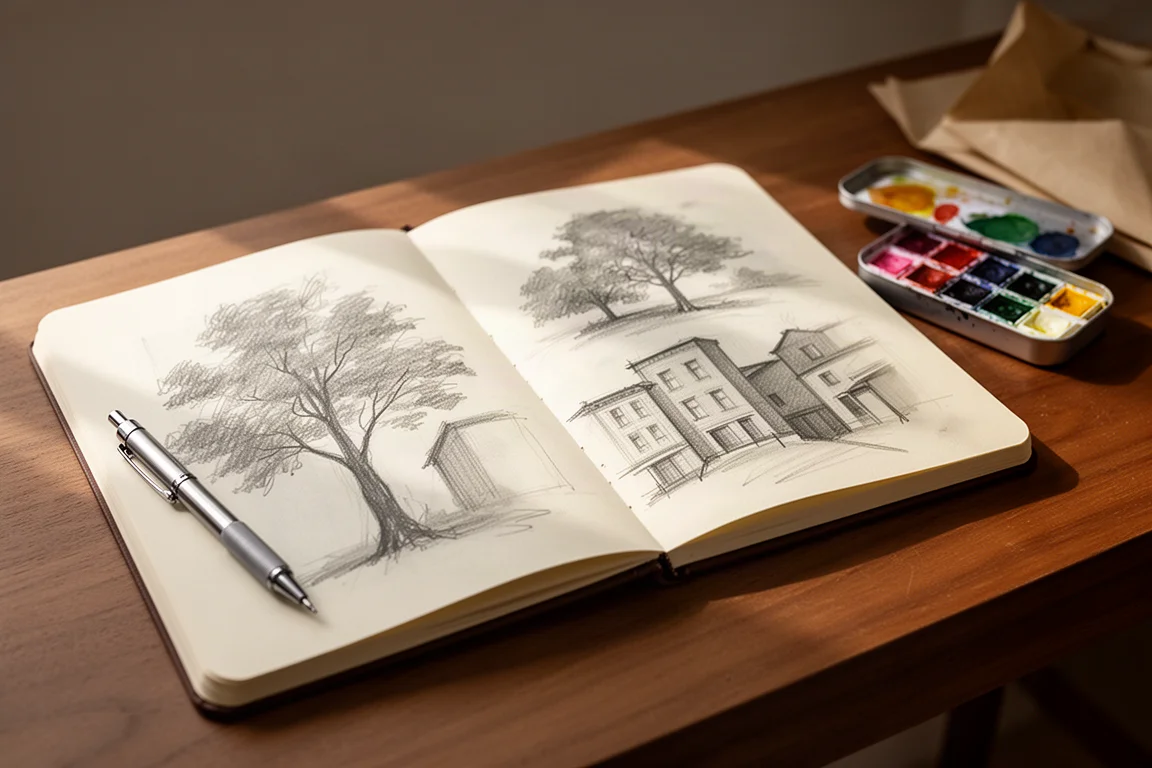 Carnet de croquis ouvert avec dessins au crayon et outils de dessin sur un bureau en bois