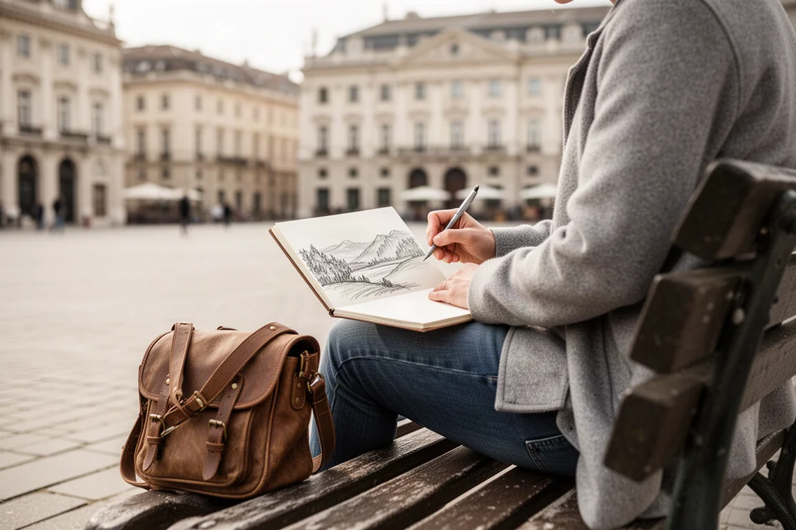 Voyageur croquant une place urbaine depuis un banc avec un petit carnet