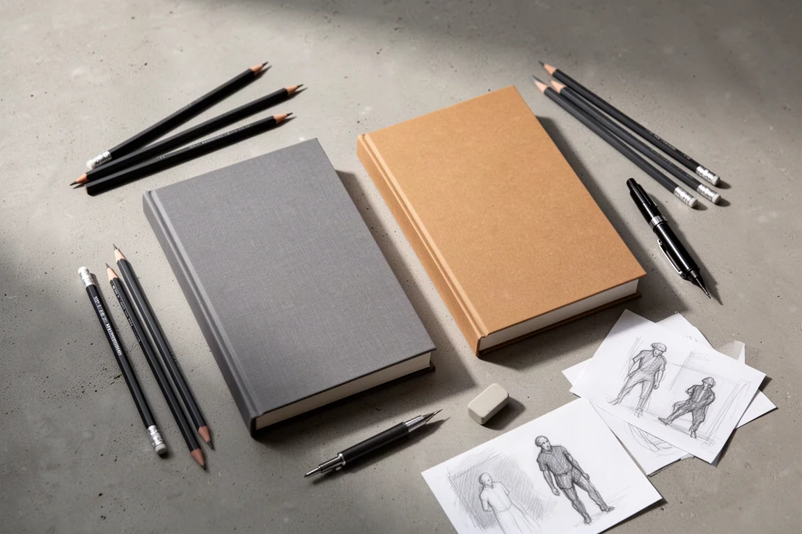Deux carnets, crayons et stylos à encre disposés à plat sur une surface en béton