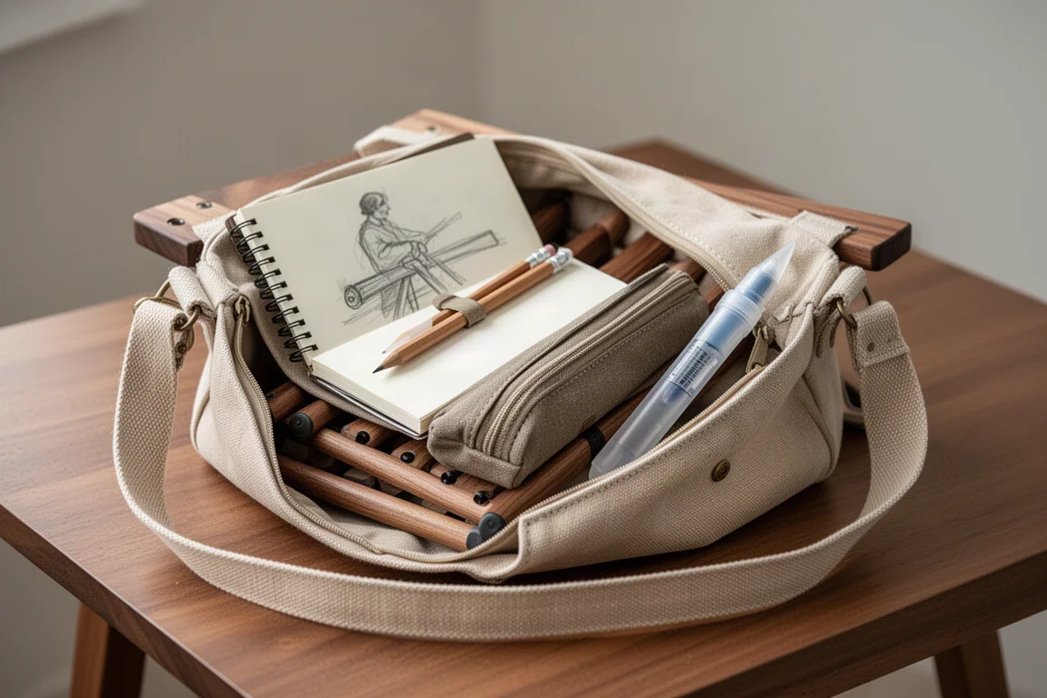 Petit sac de croquis garni d'un carnet compact et d'une trousse de crayons posés sur une table
