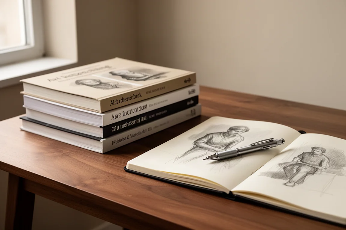 Stack of sketching books beside an open sketchbook on a wooden desk