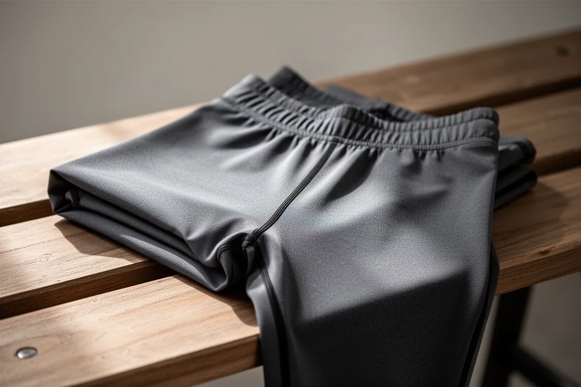 Primo piano della vita elastica e della trama del tessuto di un leggings termico