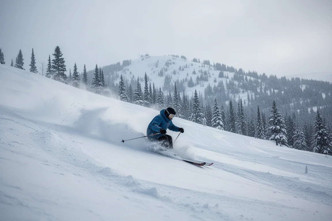 Sciatore che traccia curve nella neve fresca durante una lunga discesa