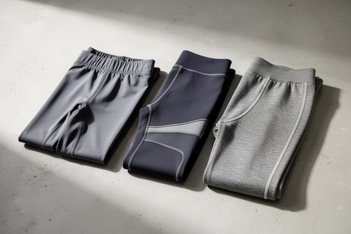Three folded pairs of ski base layer leggings arranged on a concrete surface