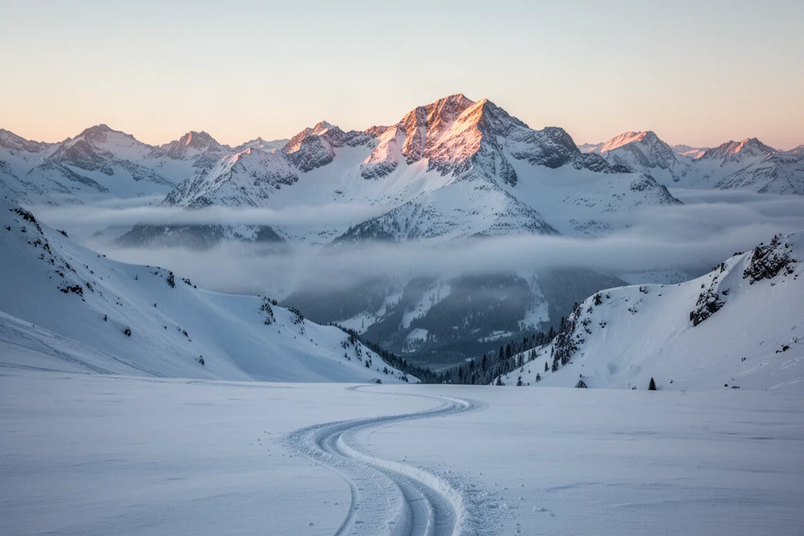 Snow-covered mountain range at sunrise with fresh ski tracks in powder