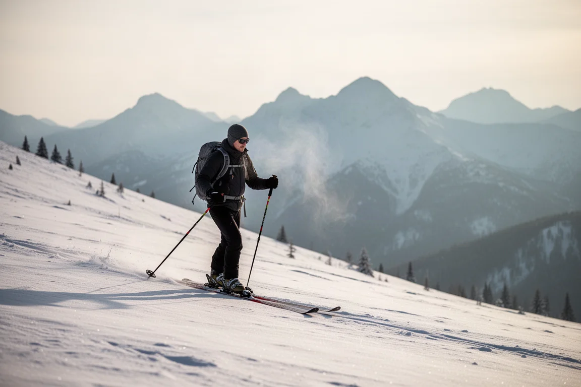 Sciatore di scialpinismo che risale con le pelli attraverso neve fresca nella luce soffice del mattino