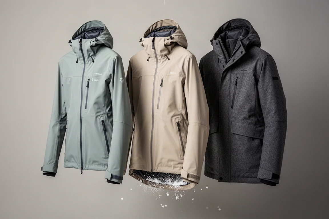 Three ski shell jackets of varying weights hanging on a neutral grey backdrop