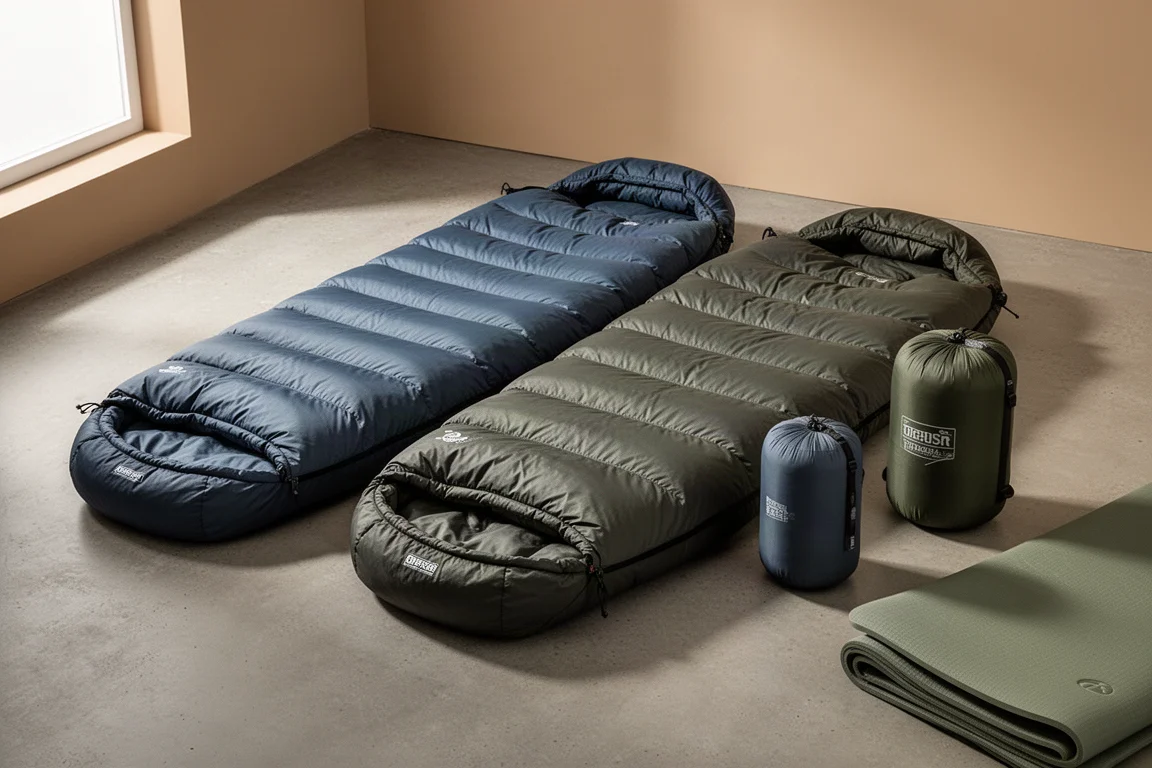 Three down sleeping bags and a stuff sack arranged on a matte concrete surface