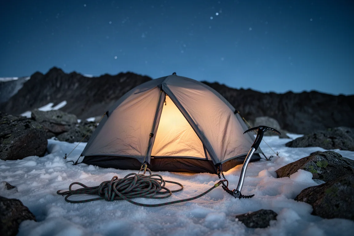 Piccola tenda illuminata dall'interno su un campo innevato d'alta quota di notte