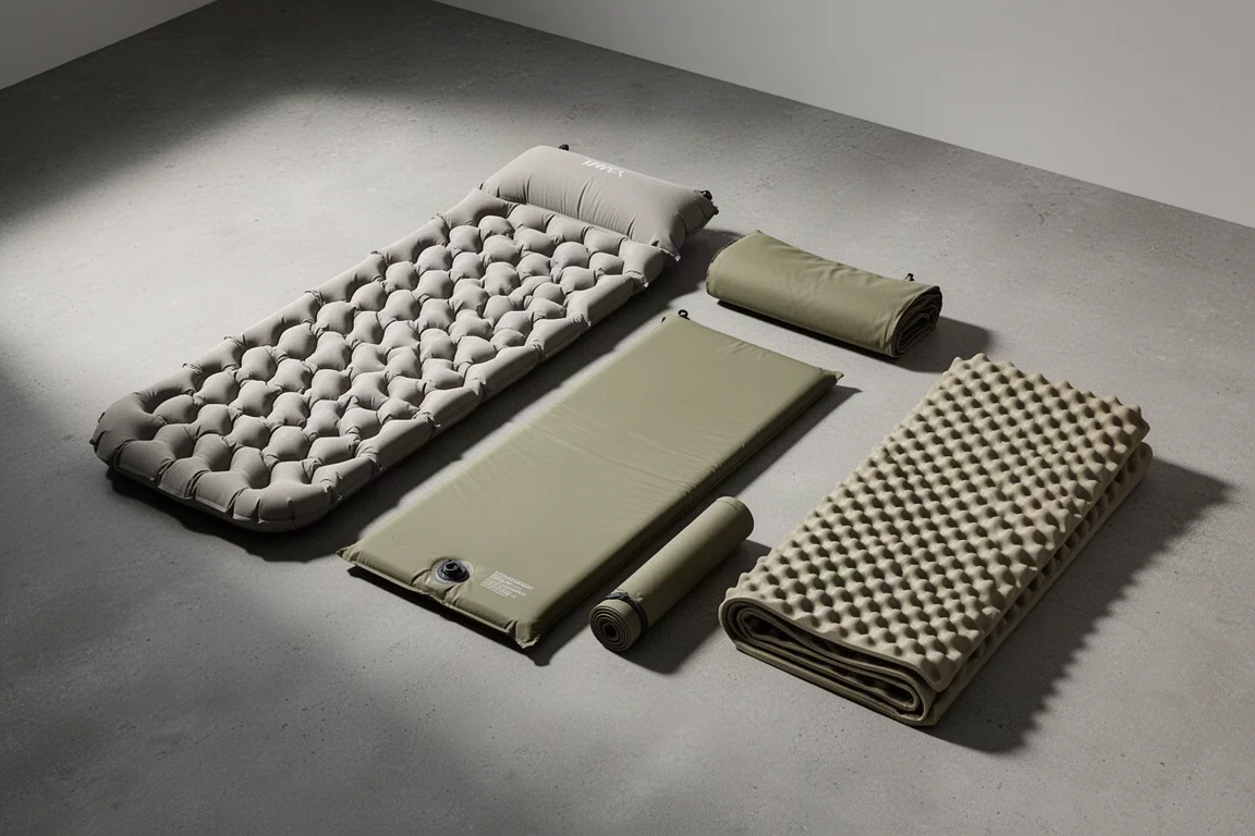 Four sleeping mats on a concrete surface, including inflatable and closed-cell foam designs
