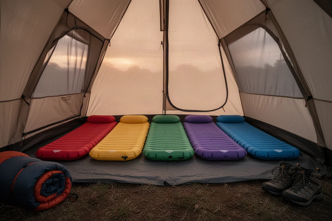 Campement à l'aube avec une tente et un matelas de camping gonflé visible à l'intérieur