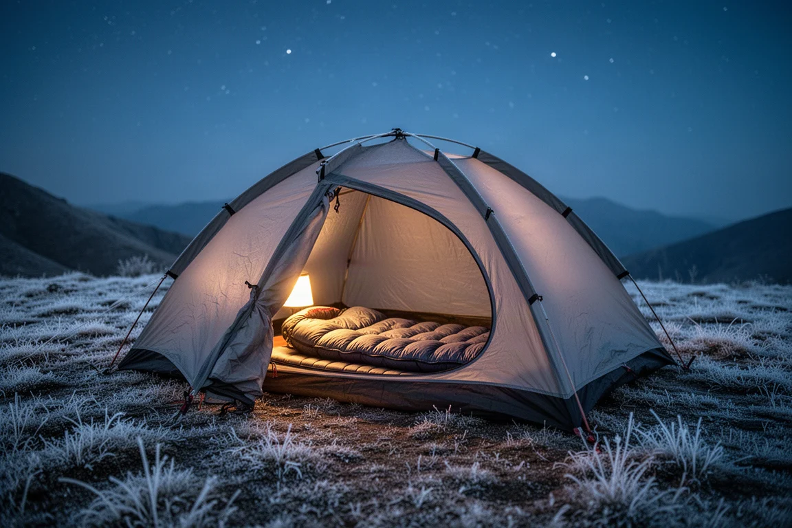 Matelas de camping ultraléger roulé et attaché à un sac à dos de randonnée sur un rocher de granite