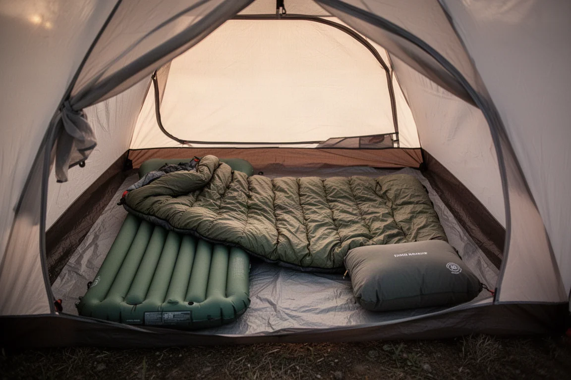 Vista dall'alto di un sistema da sonno per backpacking disteso dentro una piccola tenda all'alba