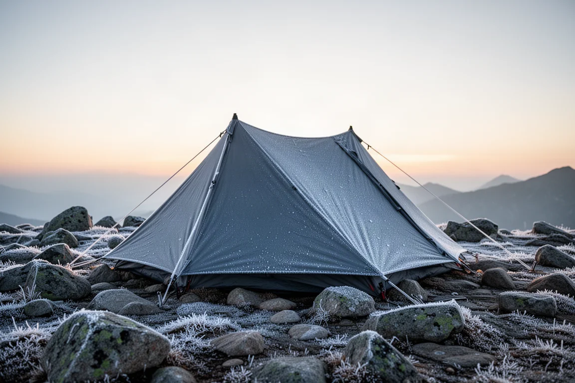 Brina su una tenda in un campeggio alpino roccioso nella luce del primo mattino