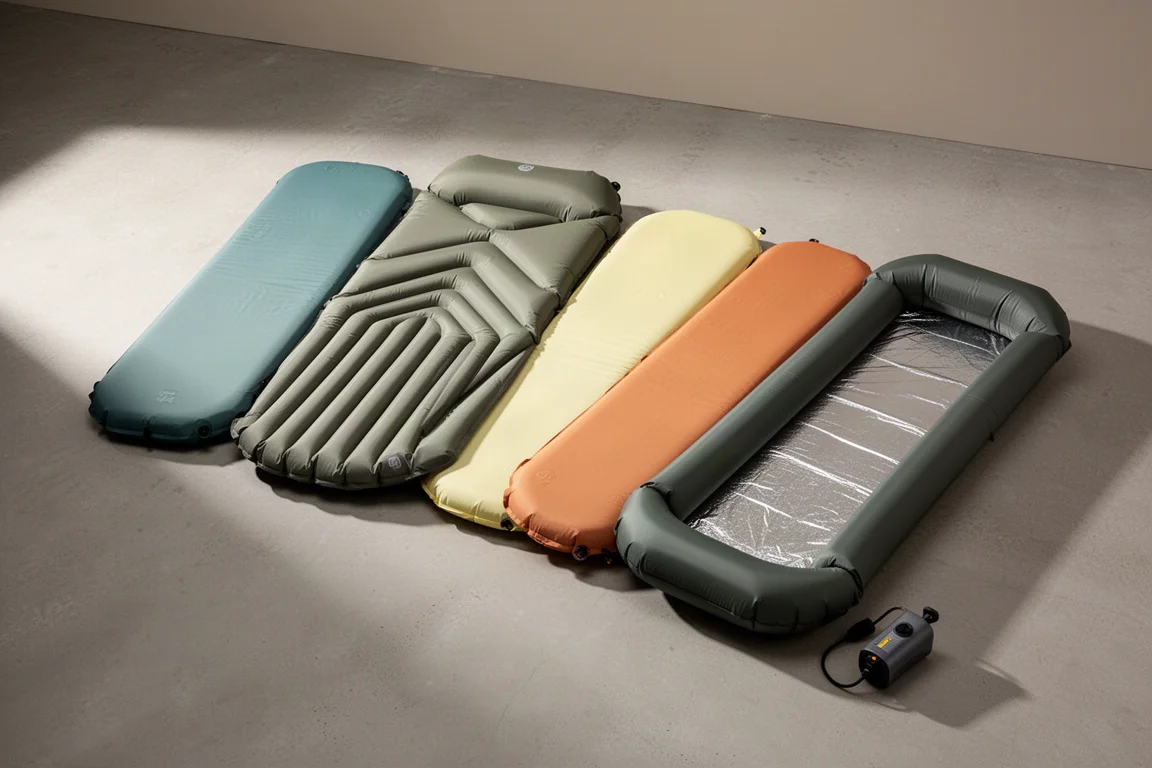 Several inflatable sleeping pads arranged on a concrete surface