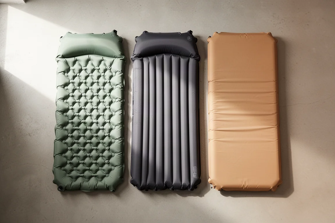 Three inflatable sleeping pads with different baffle patterns laid out on a concrete floor