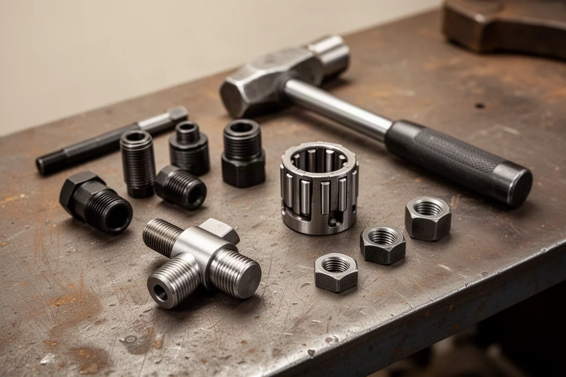 Werkbank eines Mechanikers mit Slide-Hammer-Aufsätzen und Gewindeadaptern ausgelegt