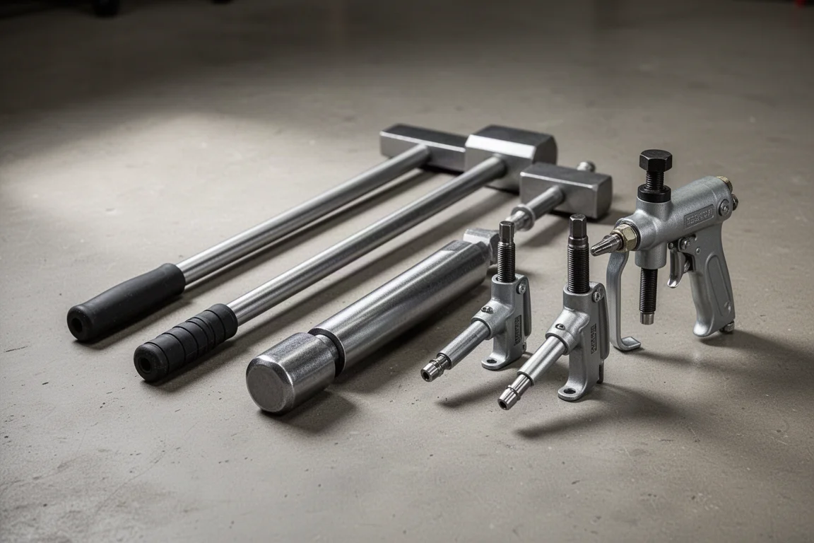 Lineup of slide hammers and air pullers on a concrete workshop floor