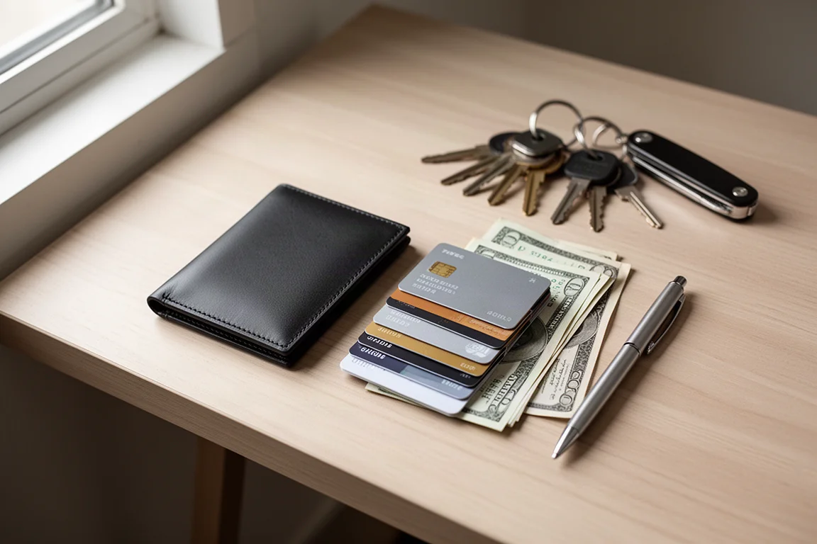 Un portafoglio sottile aperto con diverse carte e banconote piegate disposte accanto