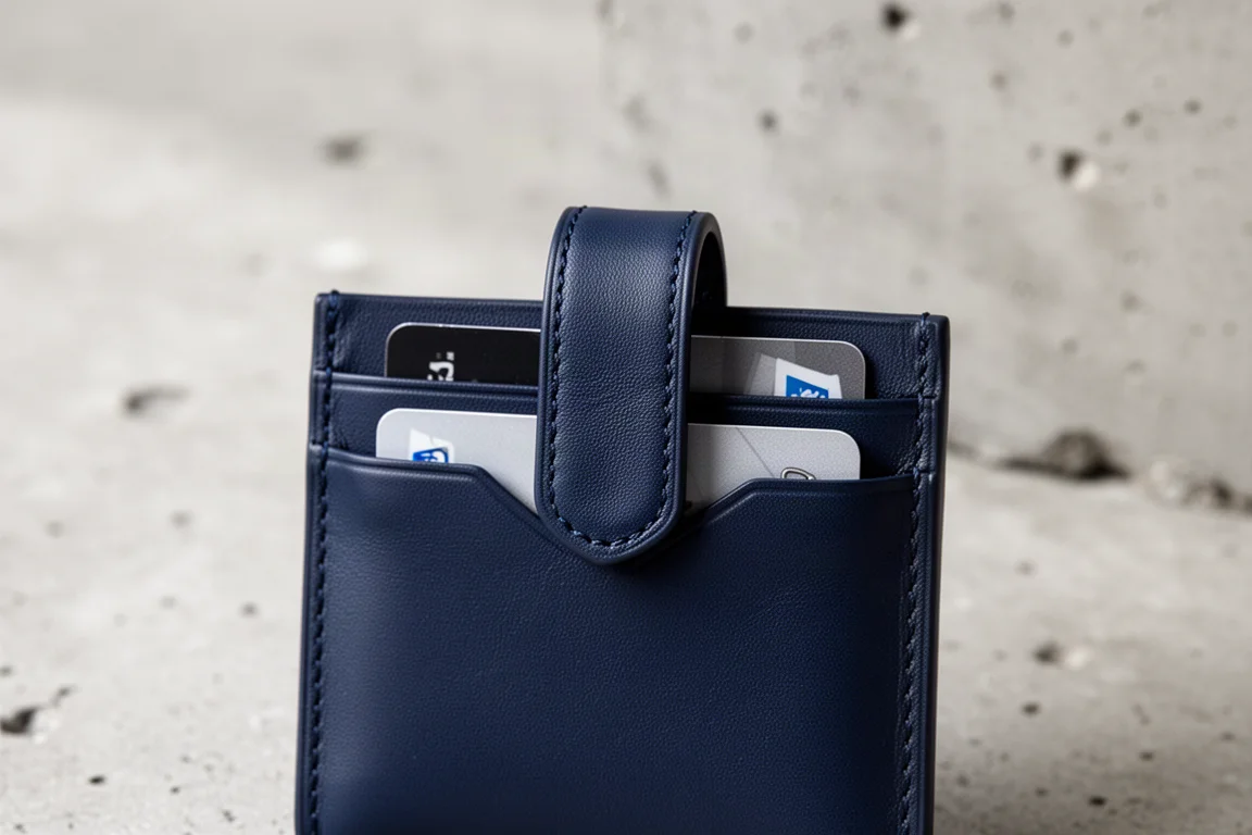Un portafoglio in scamosciato ben usato che mostra una naturale patina sui bordi