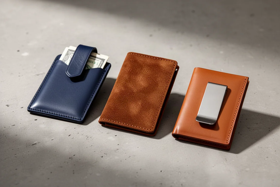 Three slim wallets in navy, brown suede, and leather with a money clip on a concrete surface