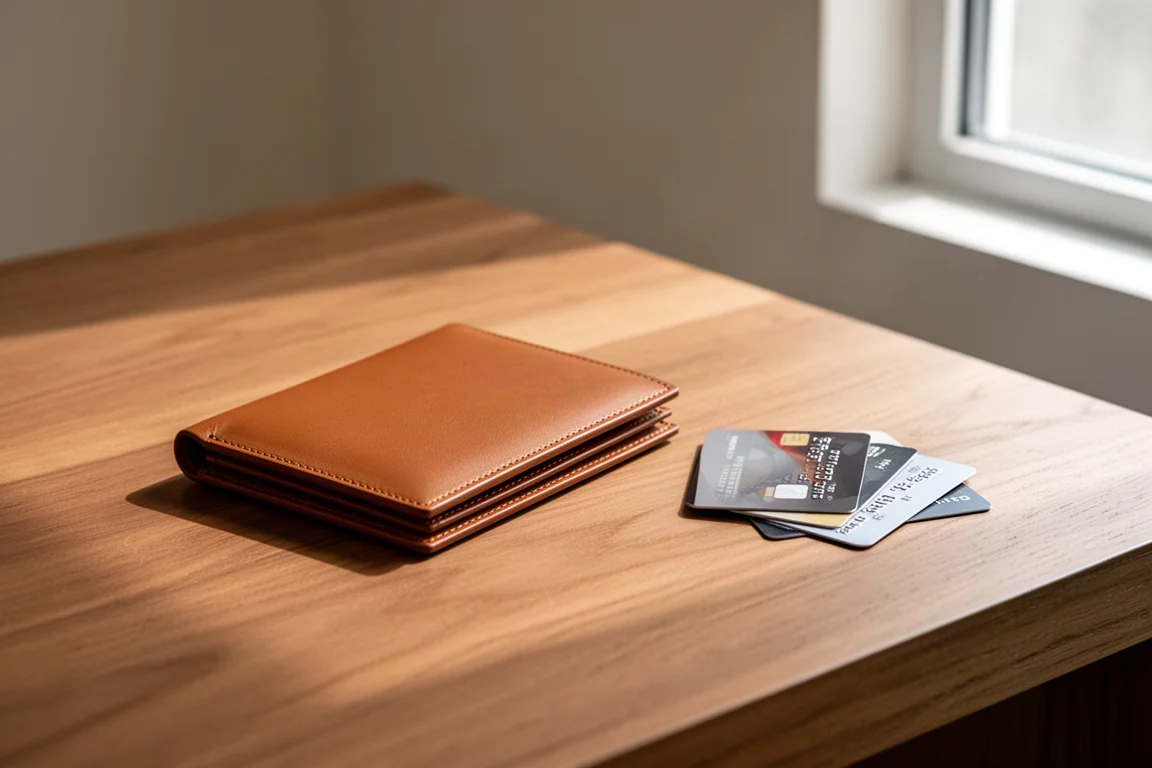 Portefeuille fin en cuir posé sur un bureau en bois à côté de quelques cartes