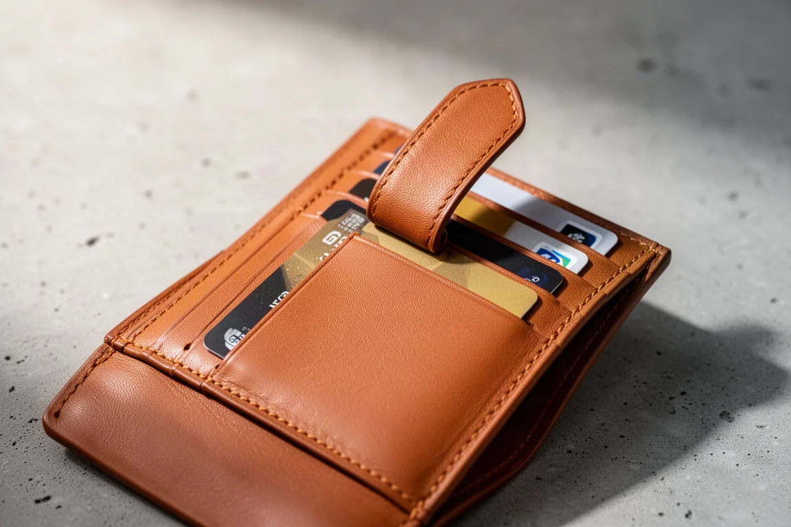 Languette en cuir soulevant les cartes hors du compartiment principal d'un portefeuille