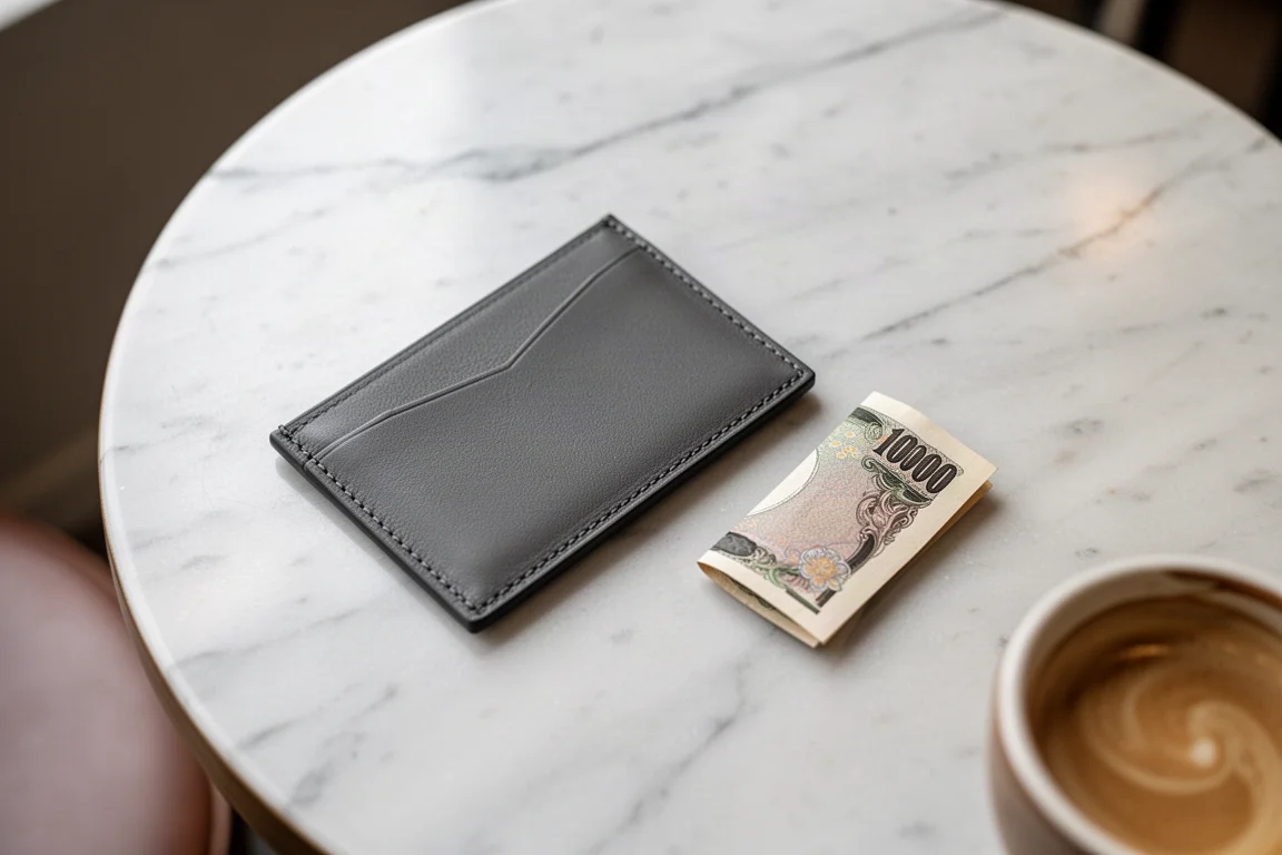 Portefeuille compact pour cartes avec des billets glissés dans la poche arrière, sur une table de café
