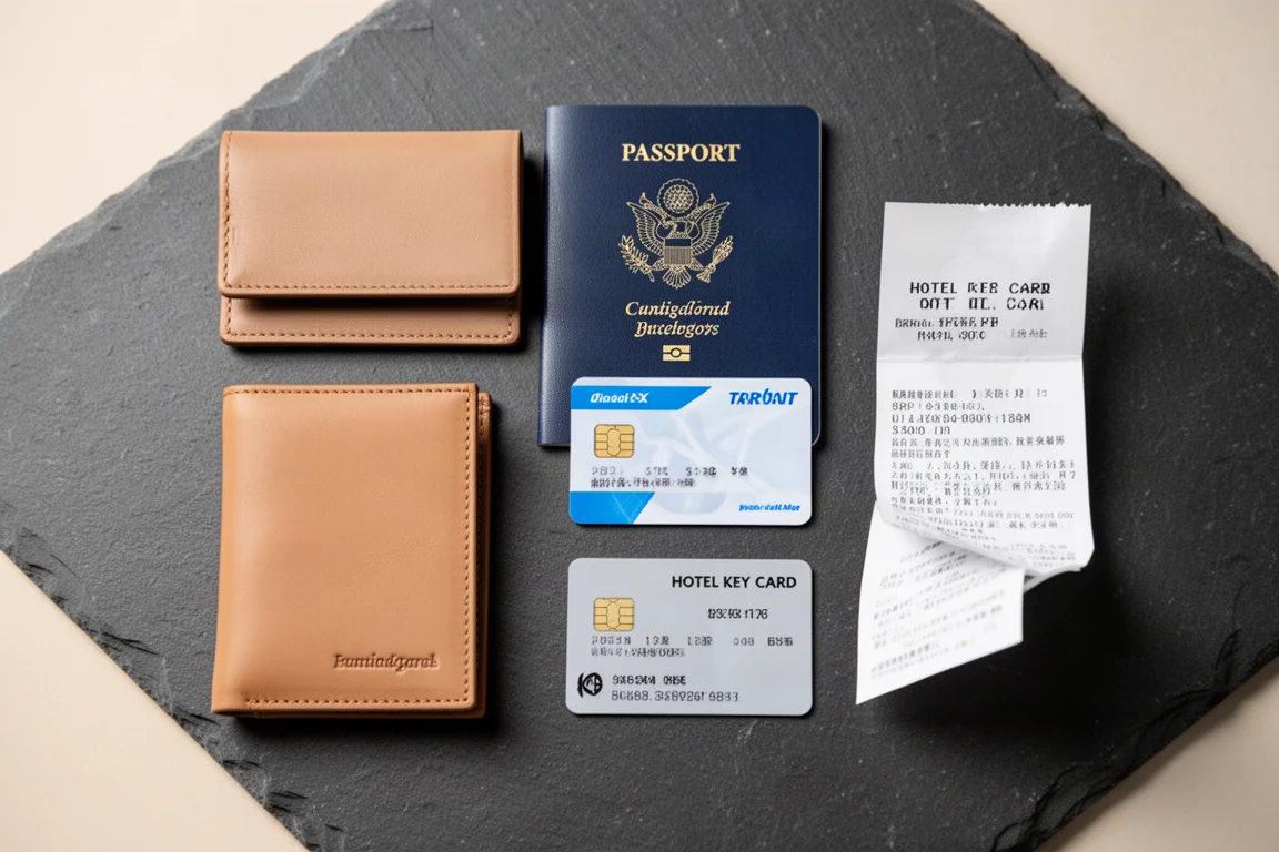 Effets de poche d'un voyageur disposés à plat, dont un portefeuille, un passeport et une carte de transport