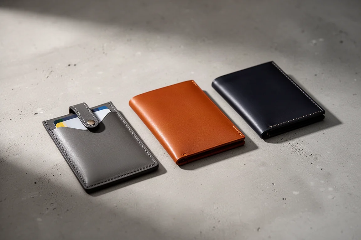 Three slim wallets arranged in a row on a concrete surface