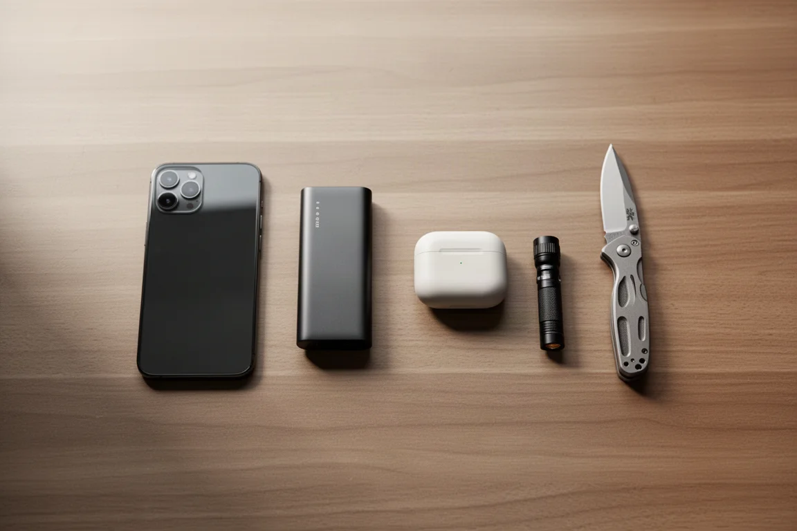 Gadgets y accesorios rectangulares y planos dispuestos sobre un escritorio