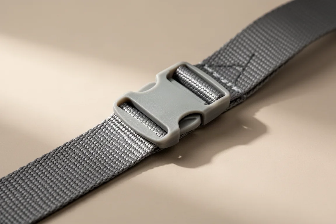 Primer plano de la correa de una bandolera de Dyneema con detalle de hebilla ligera