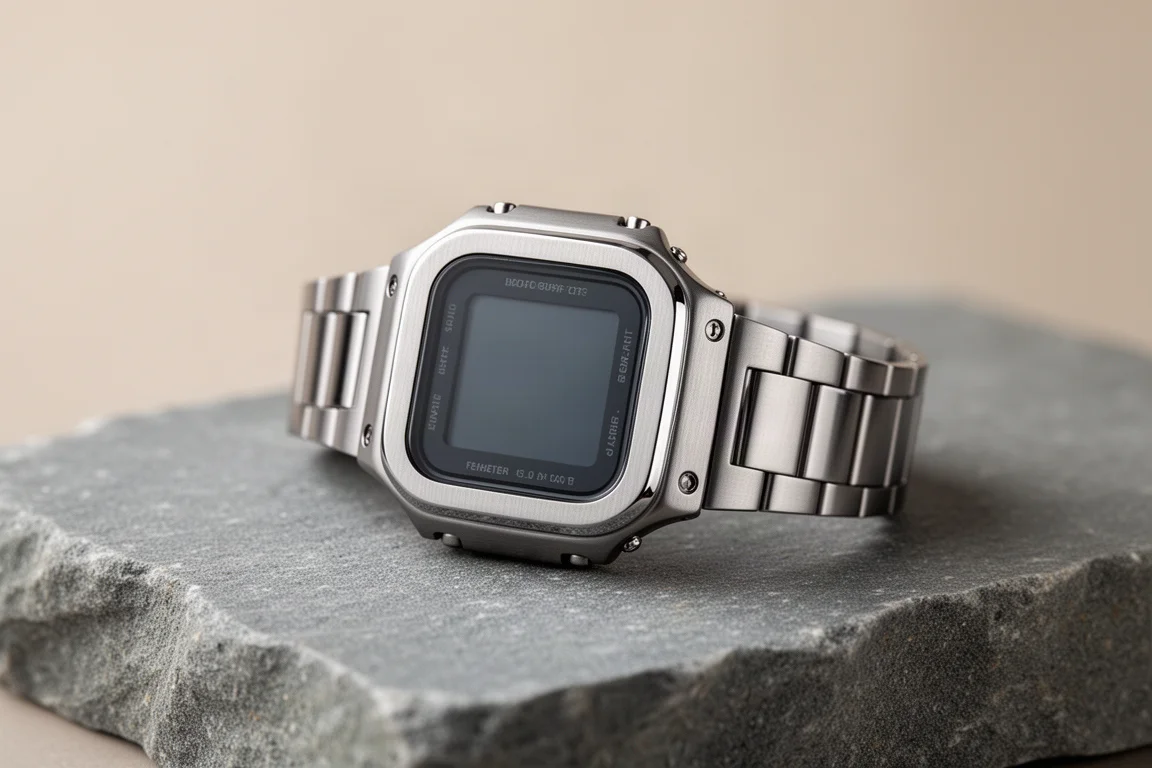 Reloj digital cuadrado de titanio apoyado sobre una superficie de piedra