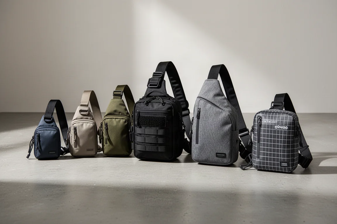 Acht sling bags in verschillende maten en materialen op een betonnen ondergrond