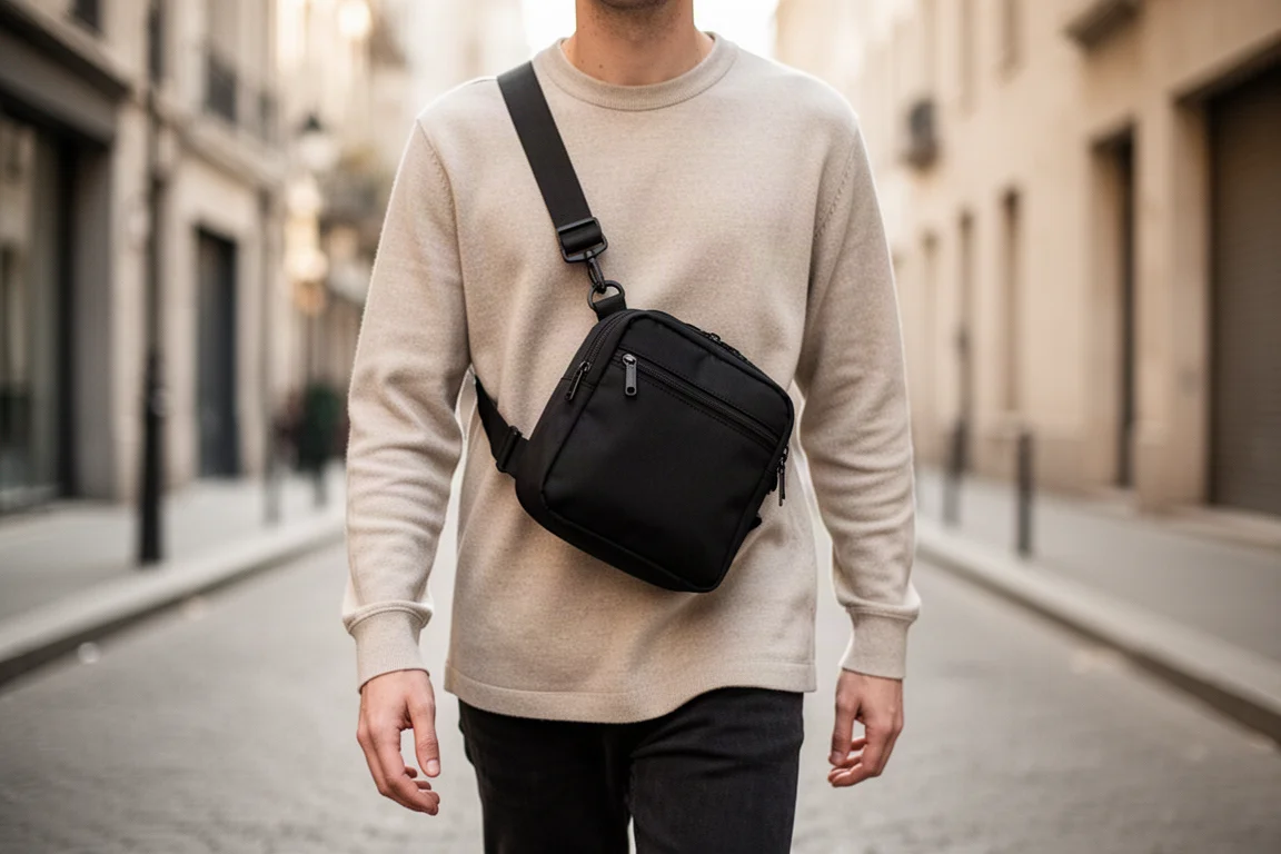 Person trägt eine kompakte Sling Bag quer über der Brust auf einer städtischen Straße