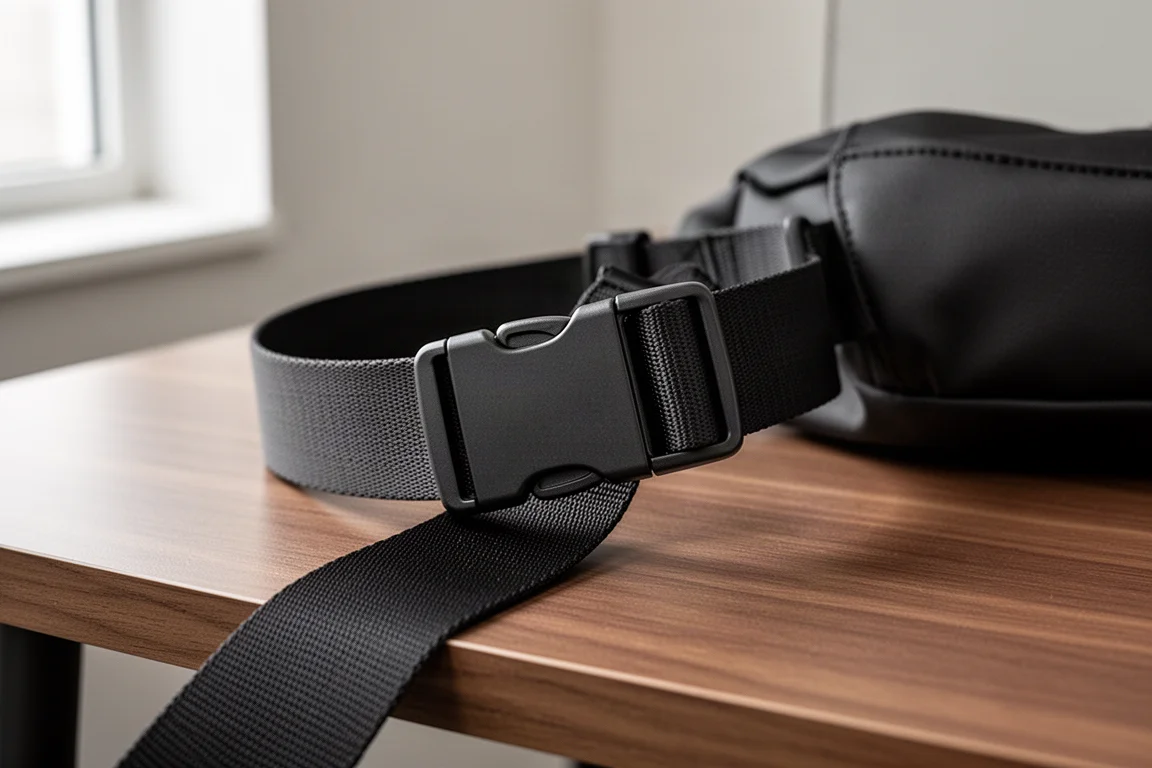 Nahaufnahme einer flachen magnetischen Schnalle am Gurt einer Sling Bag